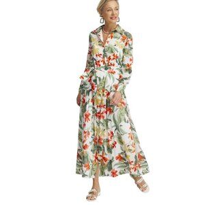 Chico's Floral Button Front Silk Shirt Maxi Dress Size XL Long Sleeve A-Line